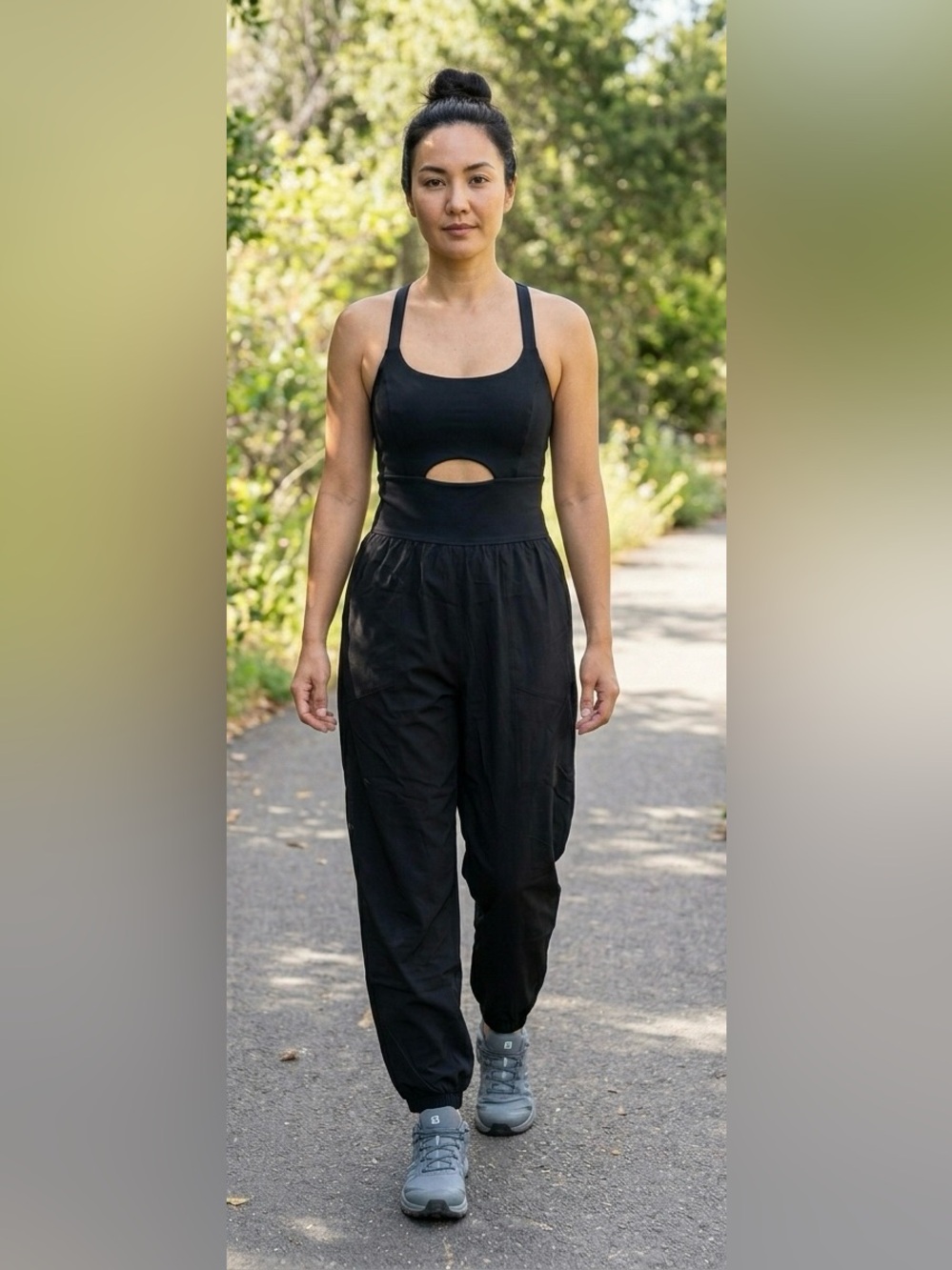 Black Athletic Cutout Jumpsuit - Nylon Spandex Jogger One Piece - Small